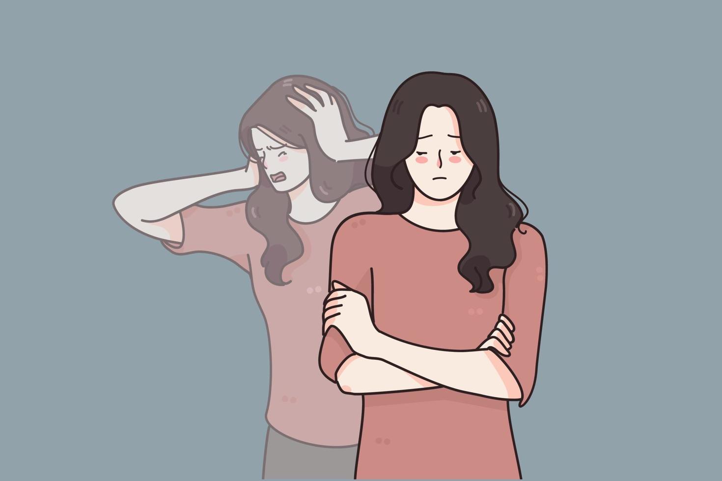 Schizophrenia and mental disorder concept. Portrait of young beautiful sad woman suffering from multiple personality disorders over grey background vector illustration