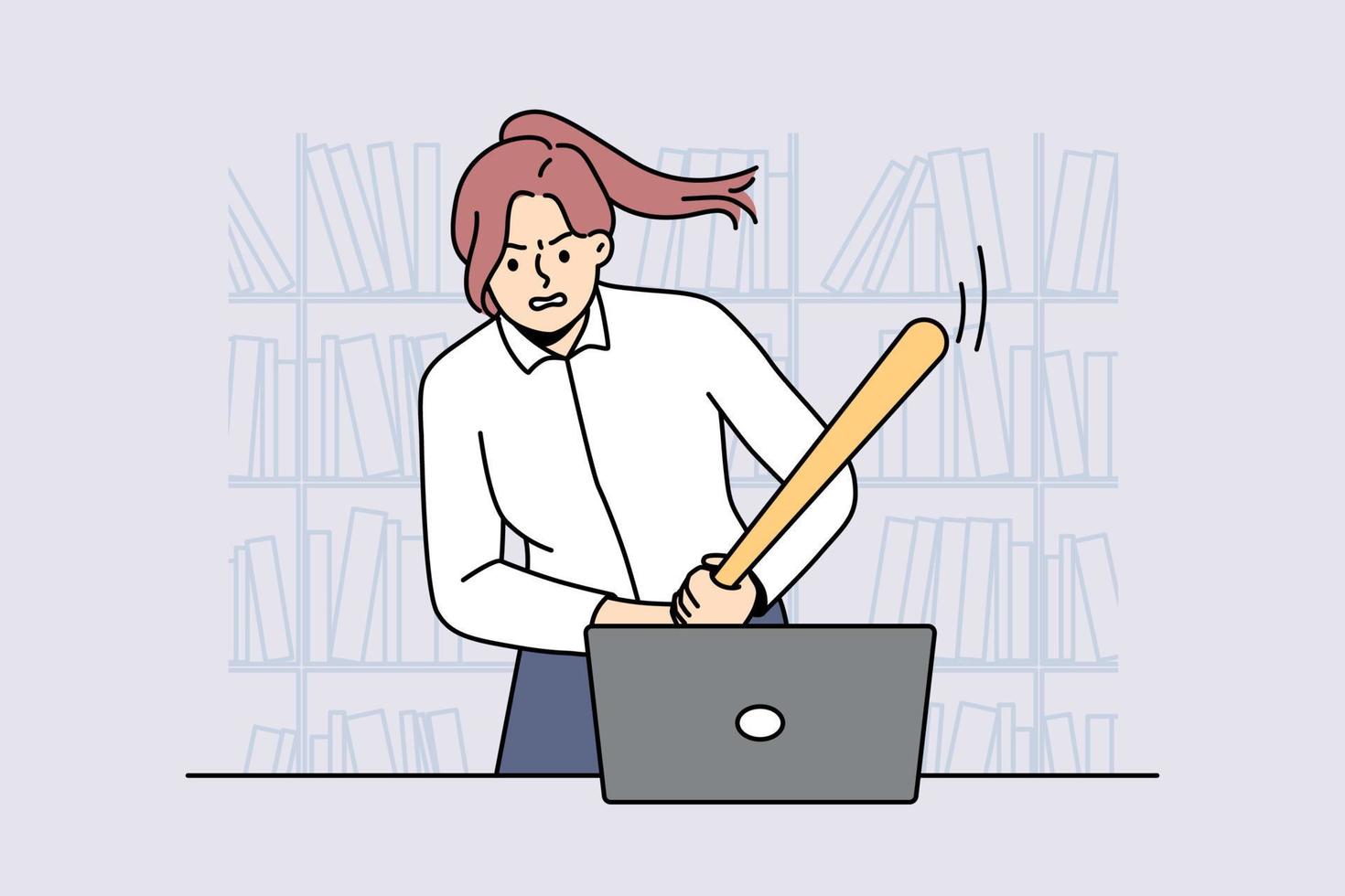 Furious female employee with bat breaking laptop overwhelmed with office job. Angry businesswoman crash computer at workplace. Burnout concept. Vector illustration.