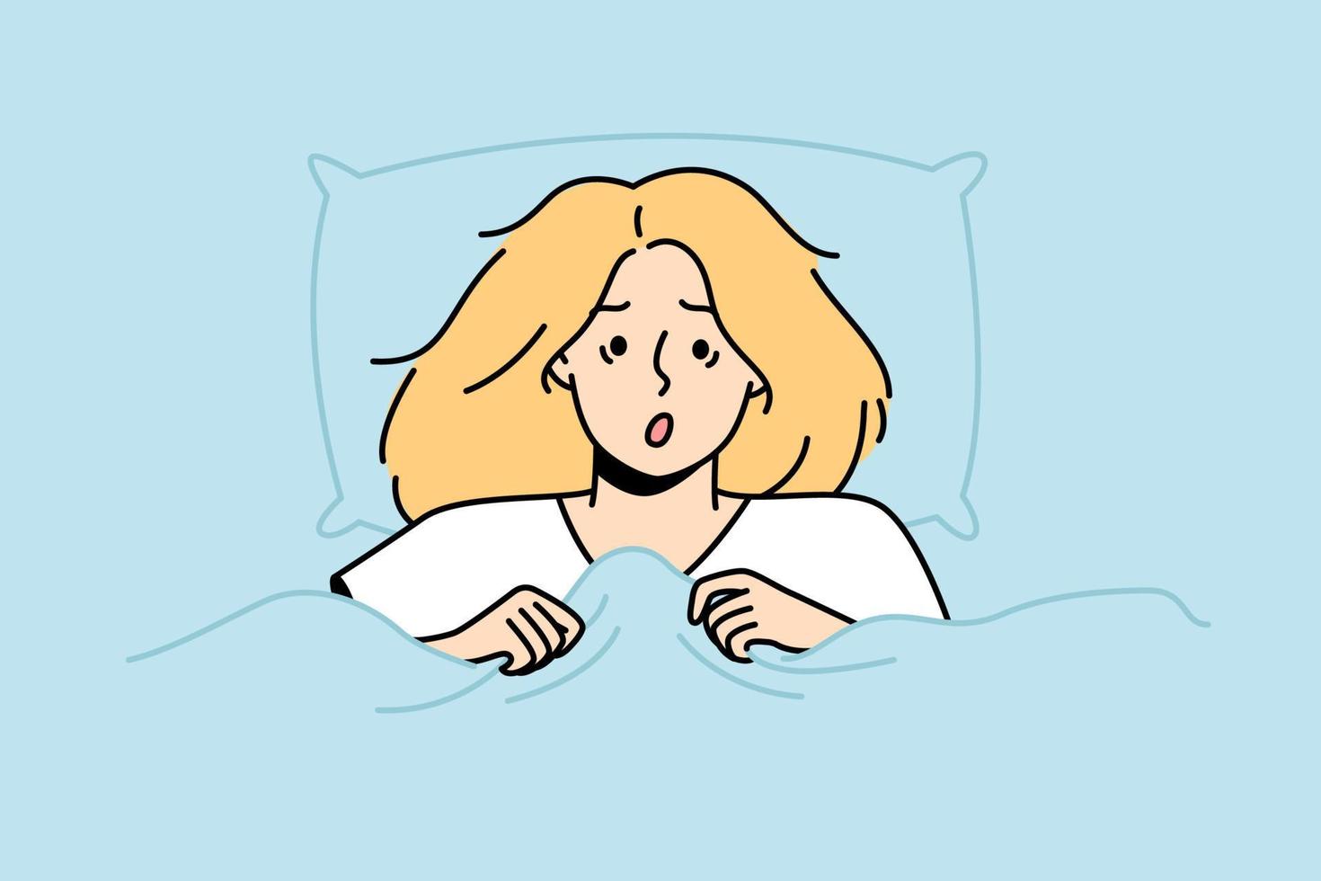 Portrait of shocked blonde lying in bed at home. Astonished woman peeks out from blanket. Girl woke up in horror after nightmare in dream. Insomnia vector outline illustration isolated on blue.