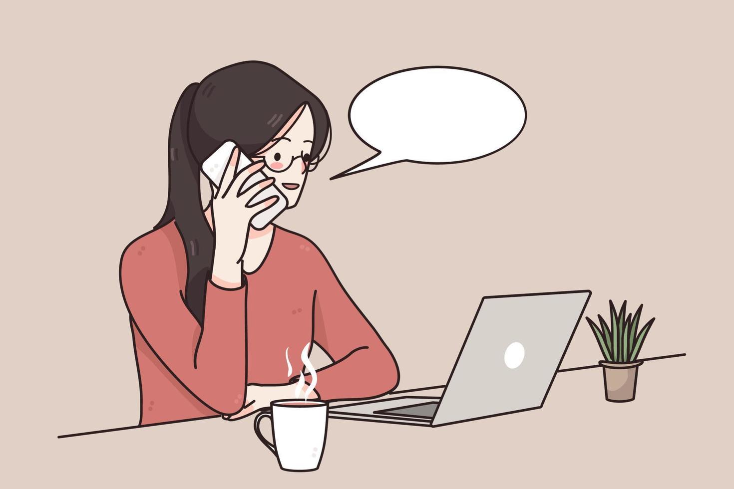 Online working, communication, remote work concept. Young smiling woman cartoon character working online talking on phone and looking at laptop at table with cup of coffee illustration vector