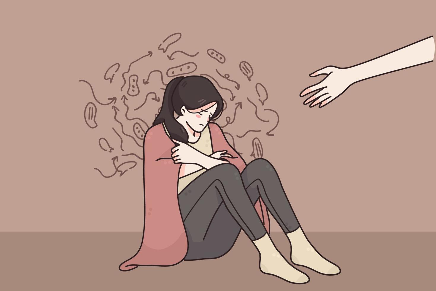 Helping hand, support, depression concept. Someone giving hand to depressed crying unhappy woman sitting on floor with negative thoughts in blanket vector illustration