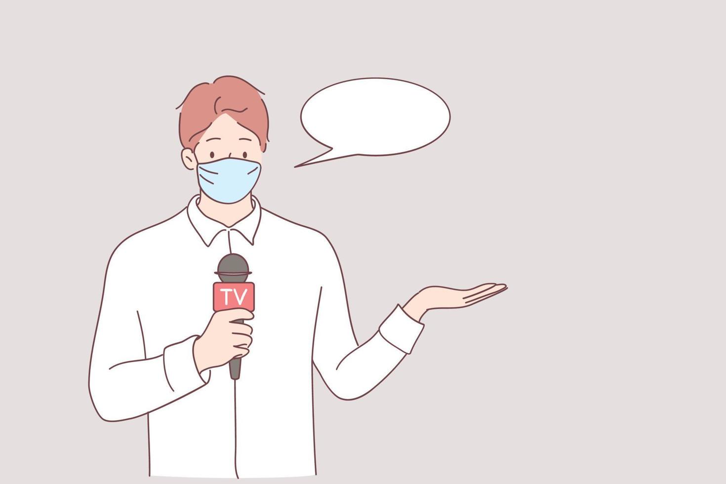 Working during pandemic of covid-19 concept. Portrait of young caucasian male journalist cartoon character in medical protective face mask talking with microphone for news program outdoors at outbreak vector