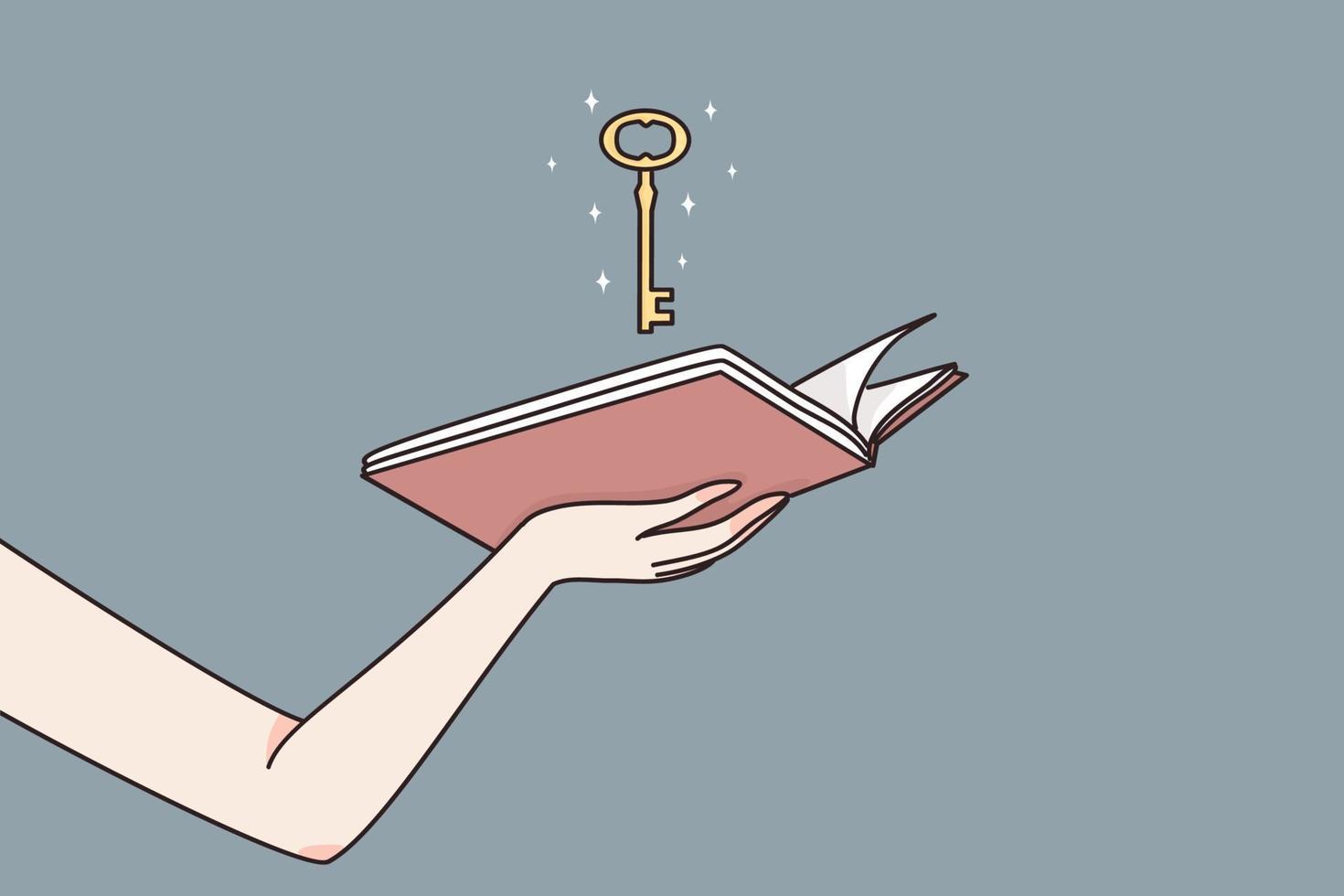 inteligencia, educación, acceso ilimitado al concepto de conocimiento. manos femeninas sosteniendo un libro abierto con una llave dorada mágica que significa la oportunidad de desbloquear la sabiduría en el estudio de la ilustración vectorial vector