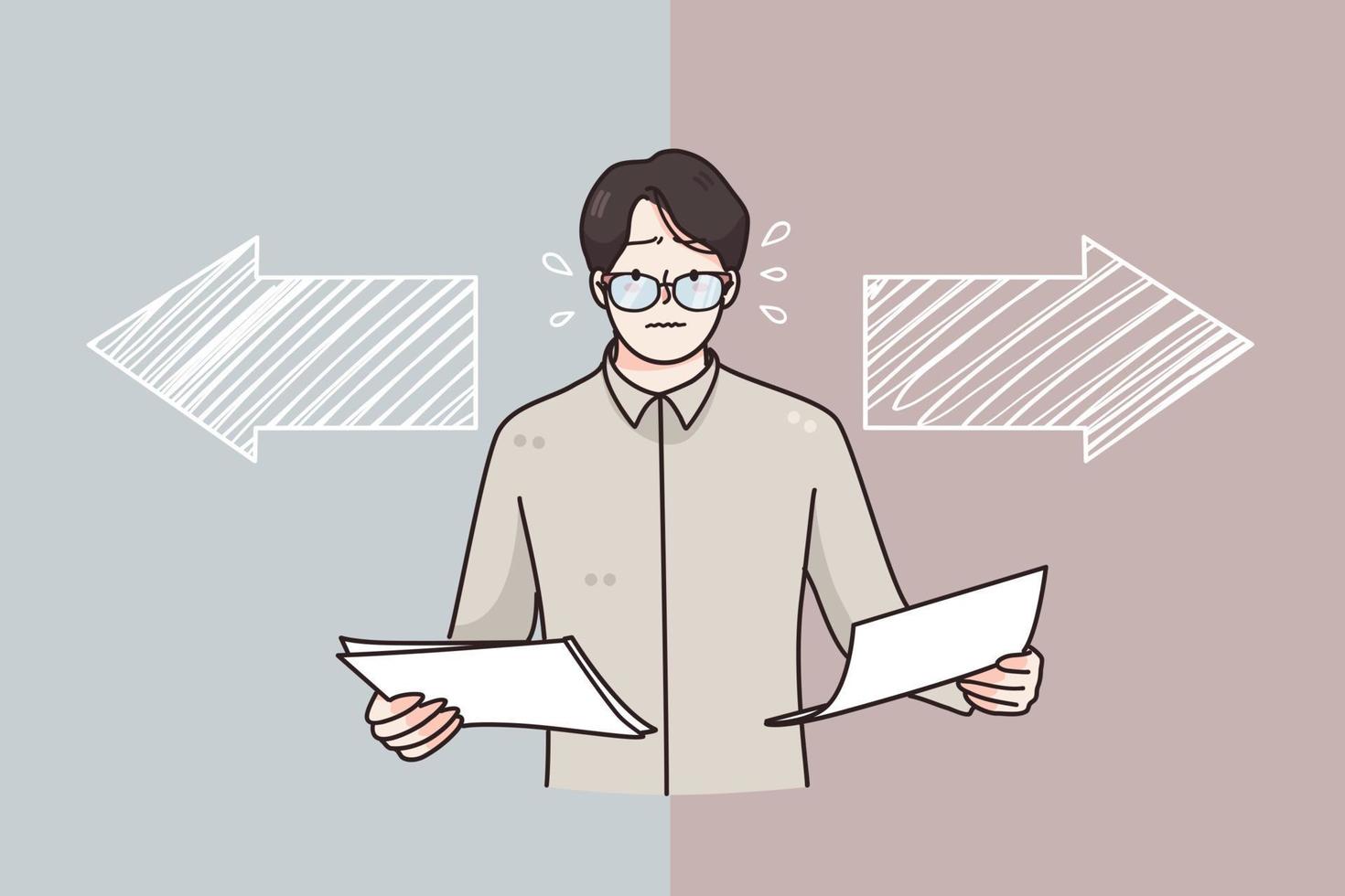 Choice, business decision, different ways concept. Frustrated businessman in glasses holding documents in hands trying to choose right or left direction feeling doubt and stress illustration vector