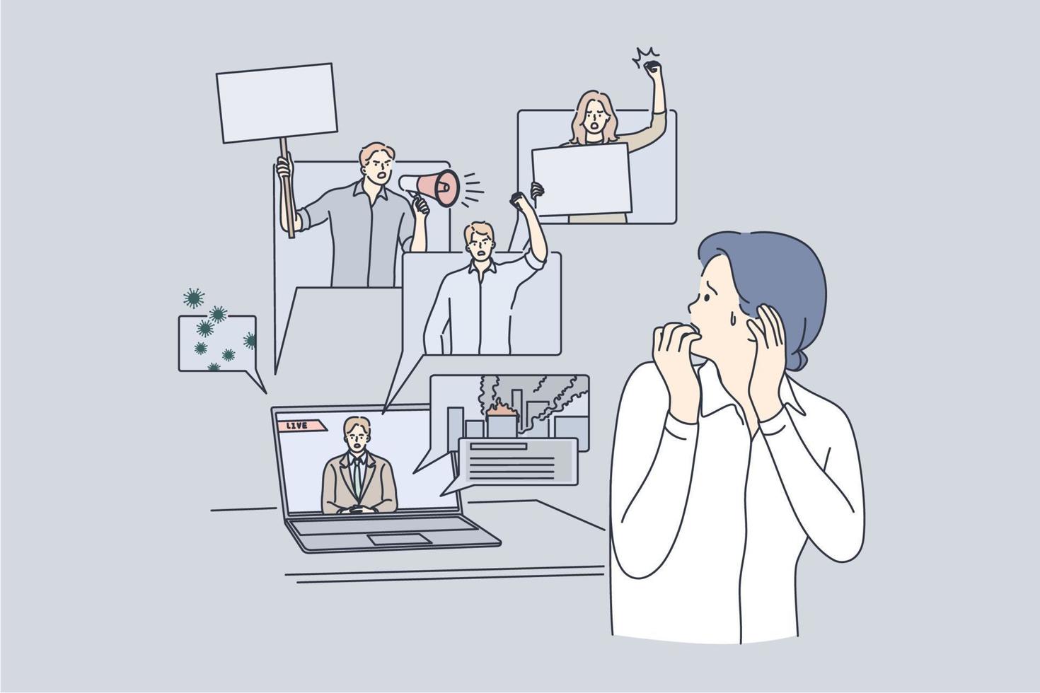 Fear, negative news in mass media impact in internet concept. Stressed woman cartoon character suffering from panic attack after watching online news happening to world vector illustration
