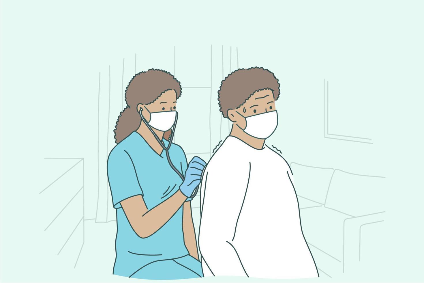 Doctor with home service patient during work concept. Young black woman professional doctor or nurse cartoon character in medical mask checking up mature patient with stethoscope at home illustration vector