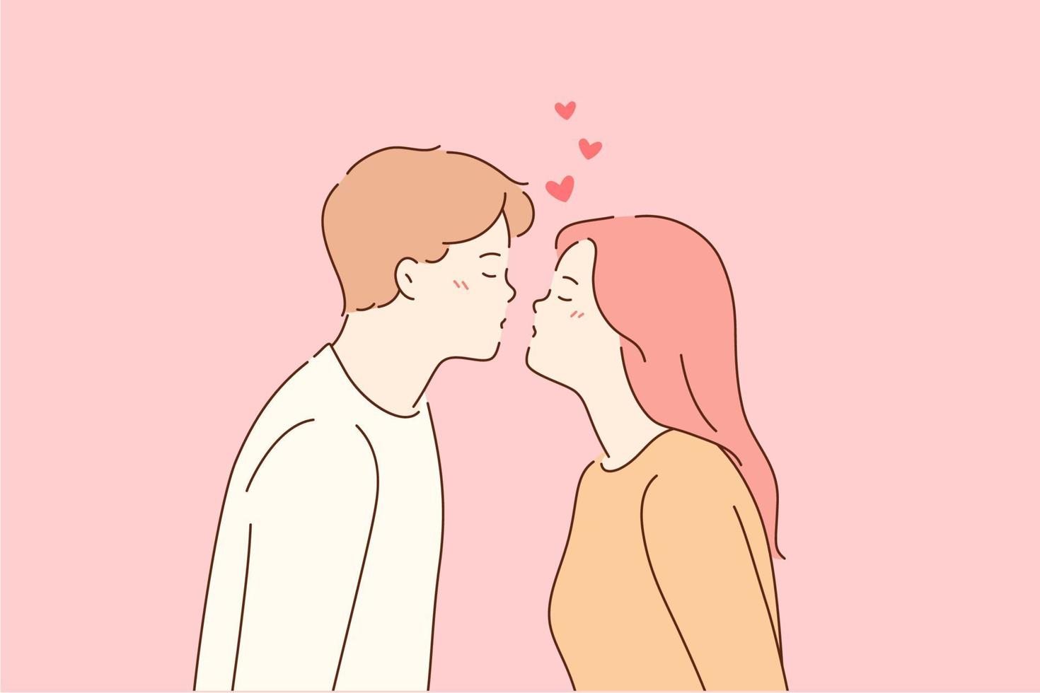 Kiss, love, romantic dating concept. Profile portrait of young happy loving couple boy and girl reaching for each other in kiss with eyes closed over pink background vector illustration