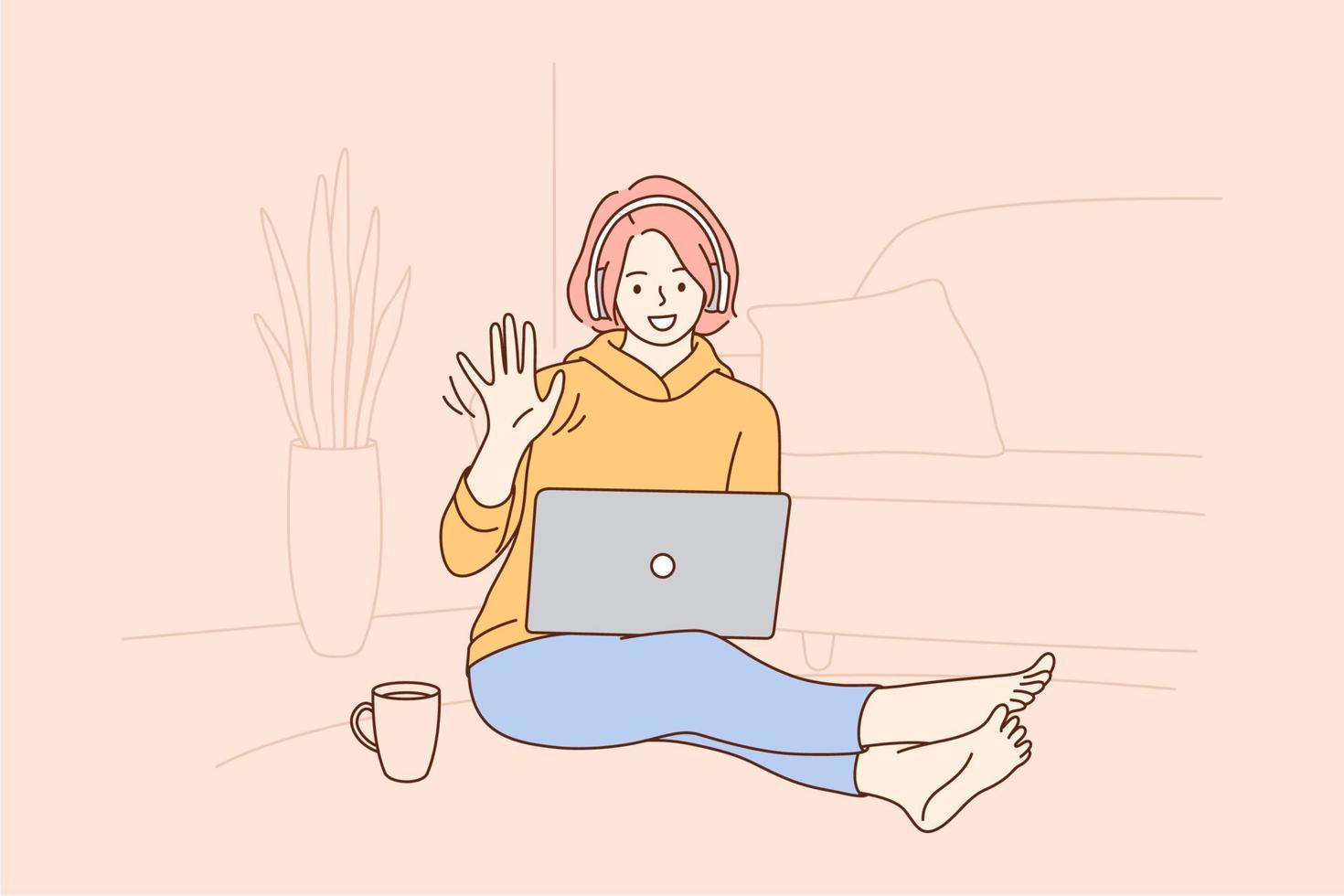 Online communication, video call, virtual meeting concept. Happy teen girl pupil or student with pink hair in headphones waving during video conference on laptop from home vector illustration