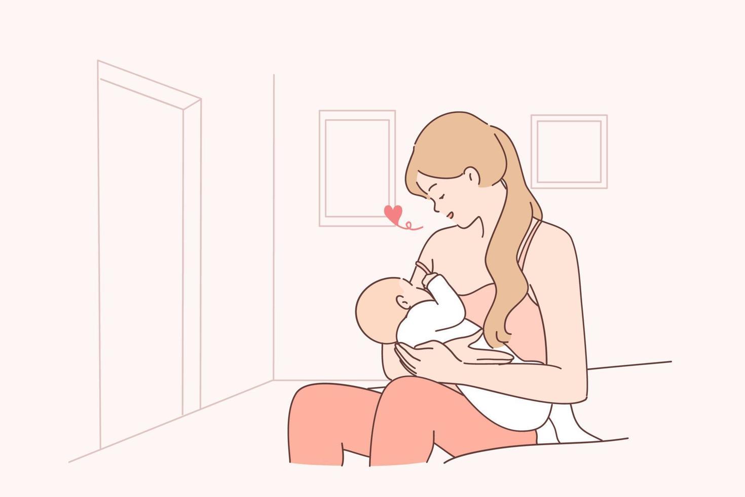 Motherhood, breastfeeding, family concept. Young happy loving woman mother sitting and breastfeeding her little baby infant at home feeling care and endless love vector illustration