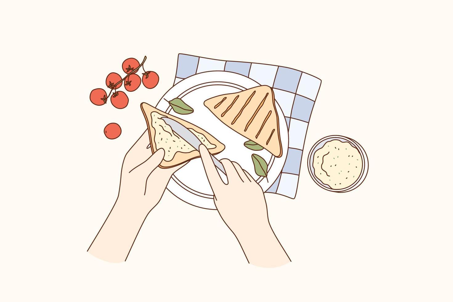 Cooking, food preparation, breakfast concept. Human hands making sandwich with cherry tomato cream cheese and herbs for lunch or breakfast over table vector illustration, top view