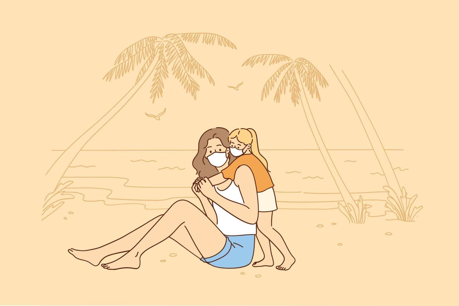 Traveling, family vacation, tourism during coronavirus pandemic. Mother and child in face masks sitting and having fun on seaside beach together at COVID 19 vector illustration