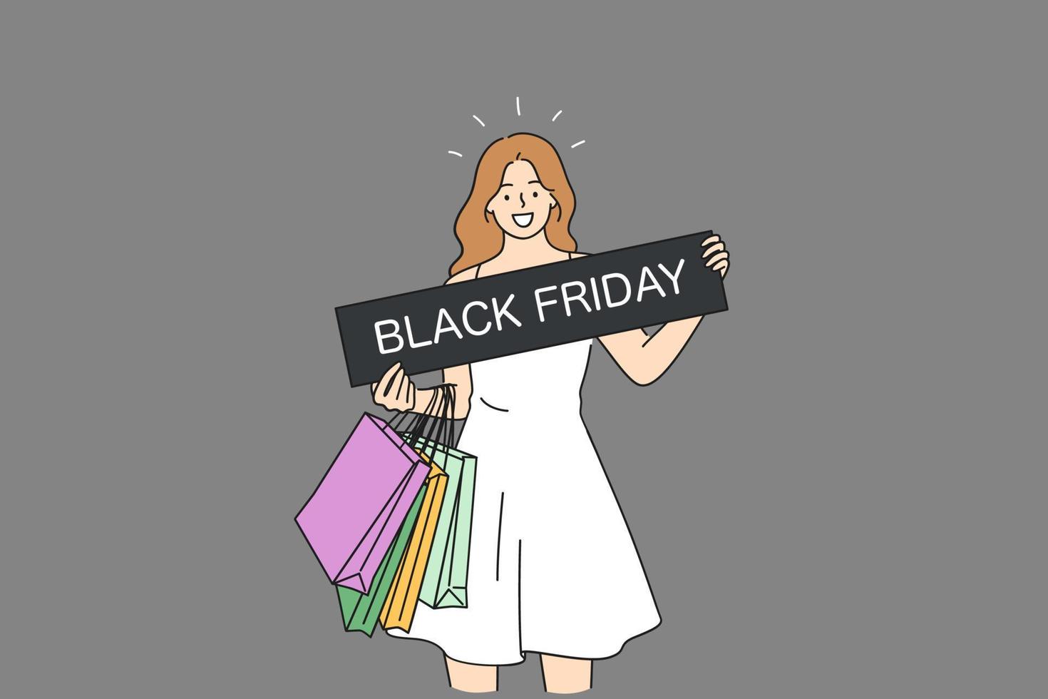 Black Friday, discount, sales concept. Happy positive young woman cartoon character screaming holding black friday sign in hands and various colorful shopping bags isolated vector illustration