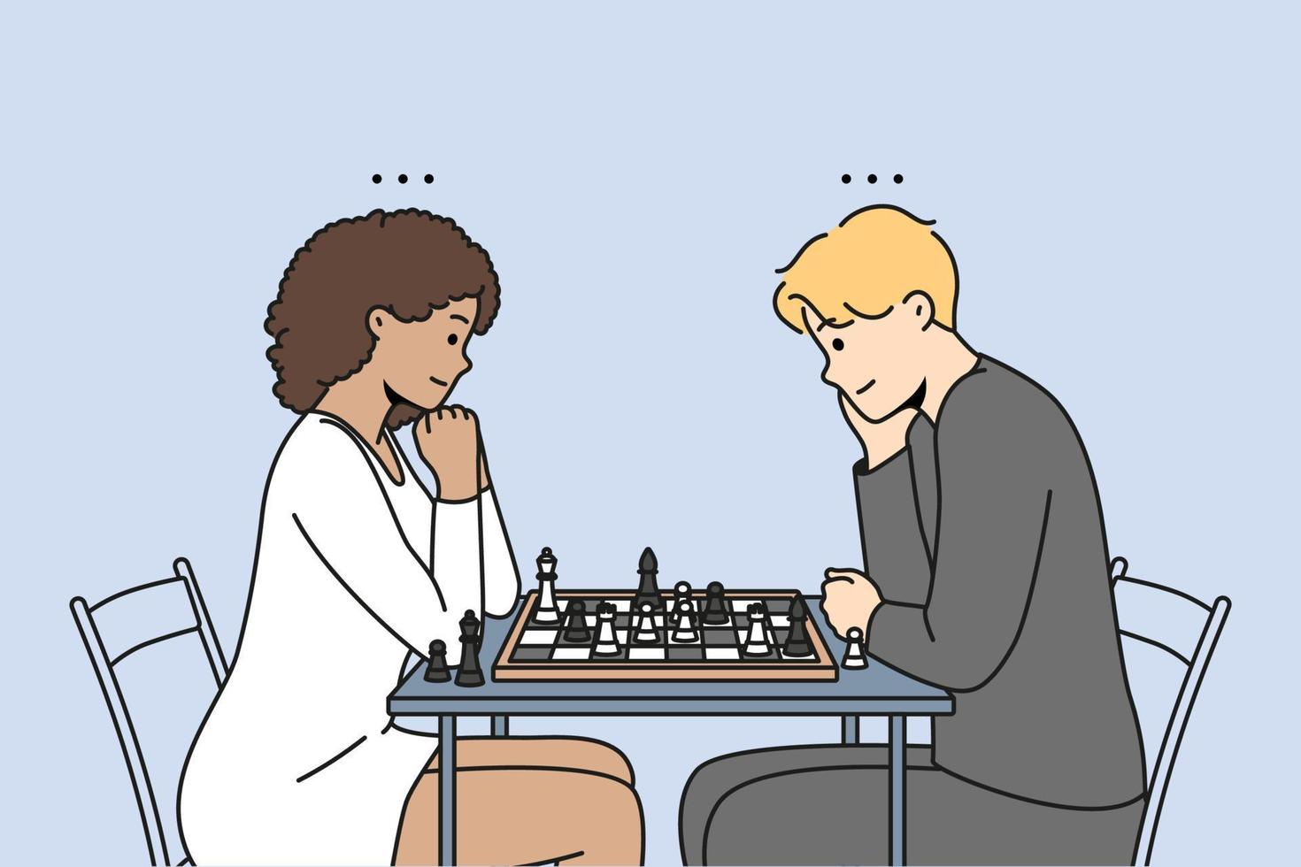 Happy couple sit at desk playing chess together. Man and woman engaged in logical board game at table. Hobby and entertainment. Vector illustration.