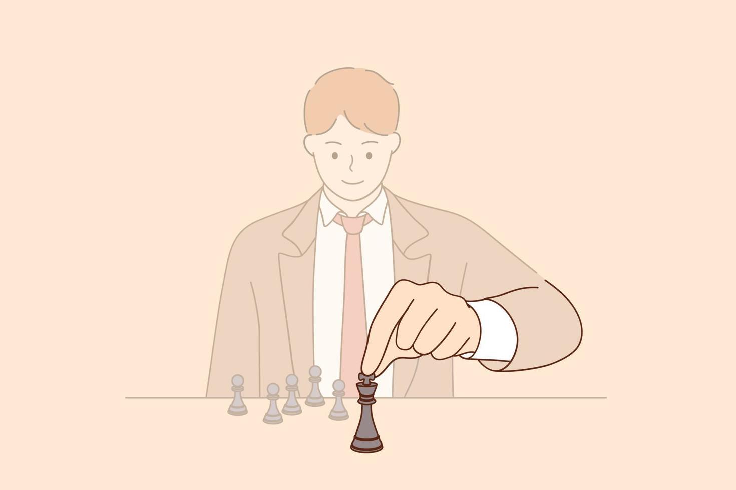Strategy, leadership and management concept. Young smiling businessman cartoon character sitting and moving chess figure alone feeling confident vector illustration