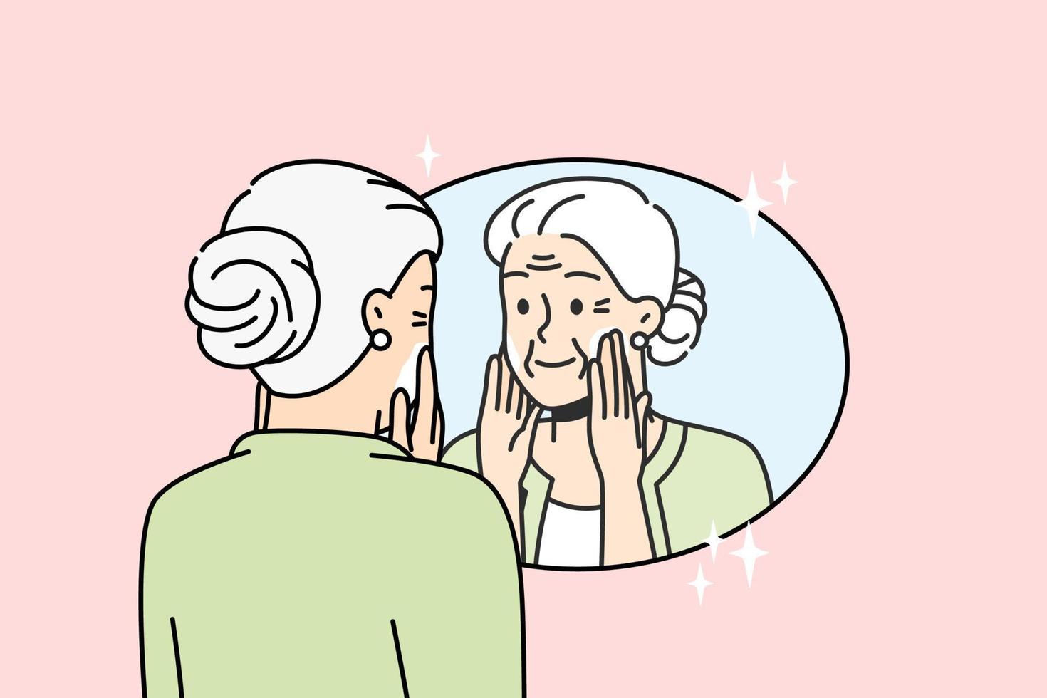 la anciana pone crema antienvejecimiento en la cara frente al espejo. la anciana cuida la piel del rostro para eliminar las arrugas. pensionista quiere mantenerse joven, haciendo rutina de belleza. ilustración vectorial lineal. vector