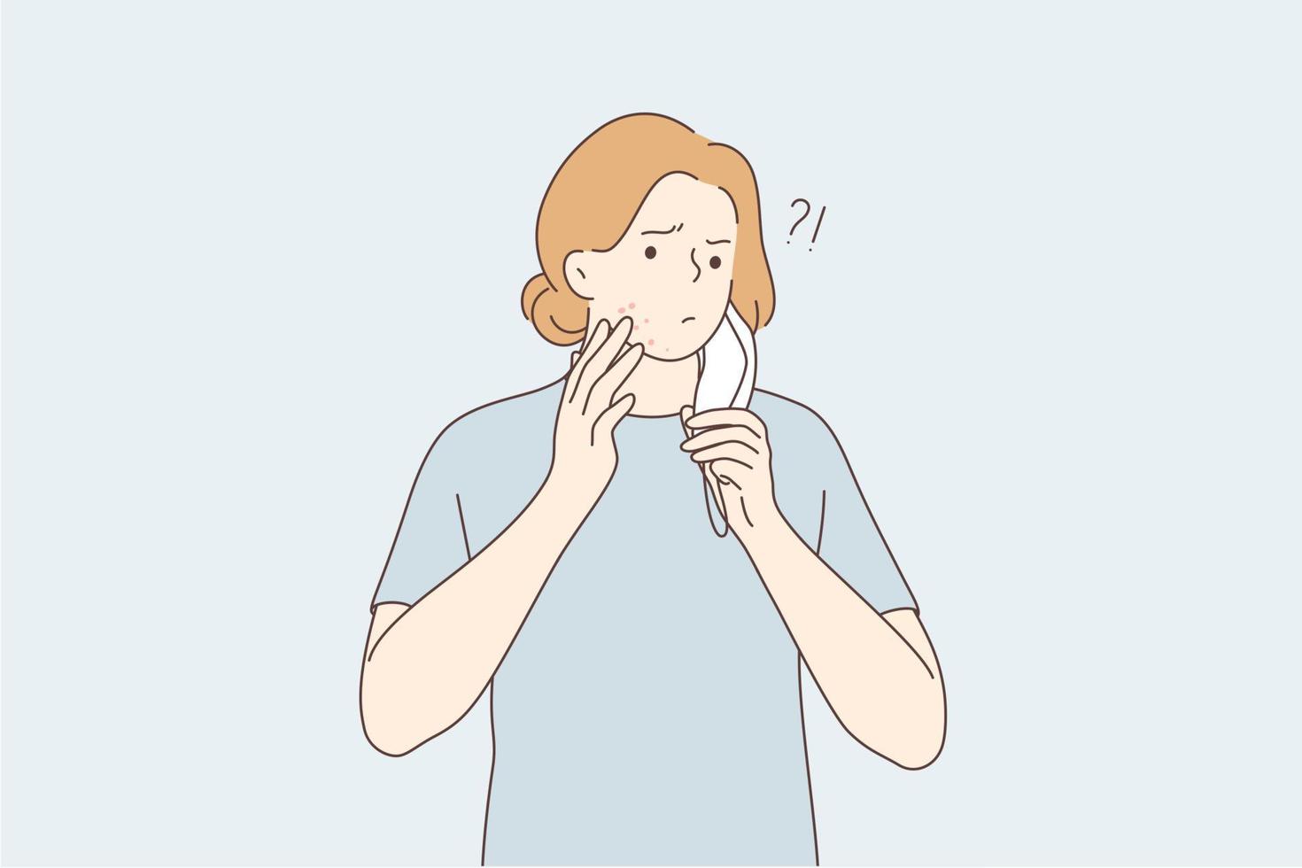 Skin problems, allergy from medical protective mask concept. Young frustrated teen boy cartoon character wearing medical face mask pointing at pimple on chin under mask illustration vector