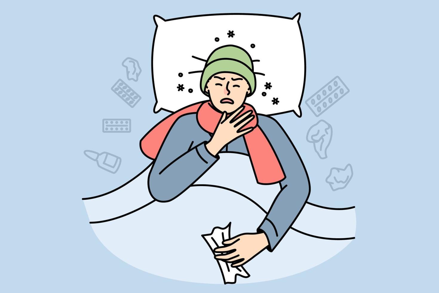 Unhealthy boy in hat, scarf lies with headache, fever, runny nose, sore throat in bed. Sick guy suffering from cold, flu, tonsillitis or coronavirus. Vector contour line illustration isolated on blue.