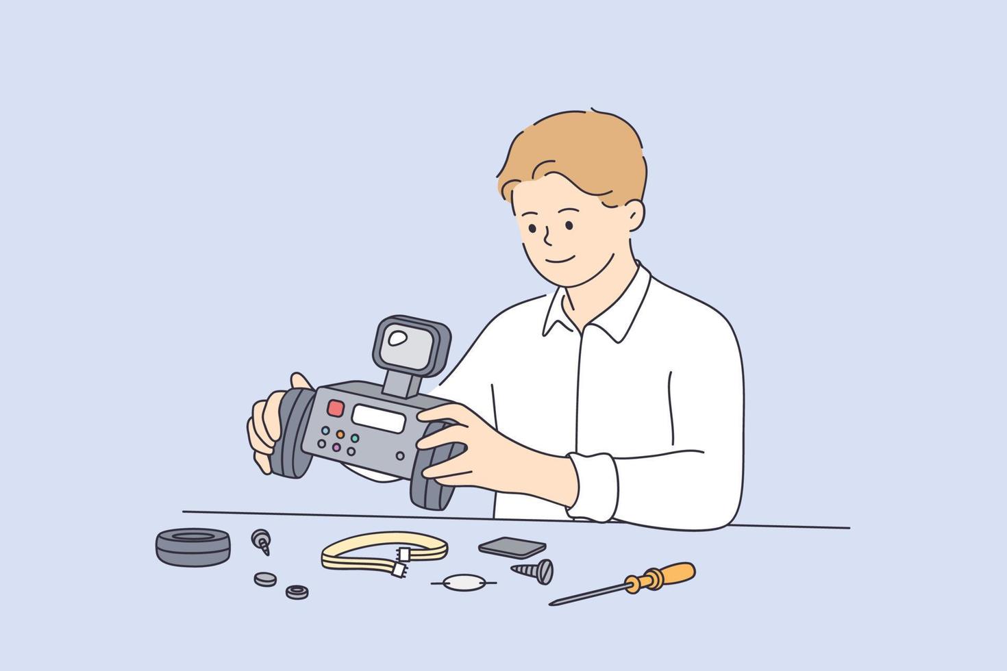 Robotics technology intelligence learning concept. Smiling child boy building robot copyspace constructor engineering playing childhood kids hobby leisure vector illustration