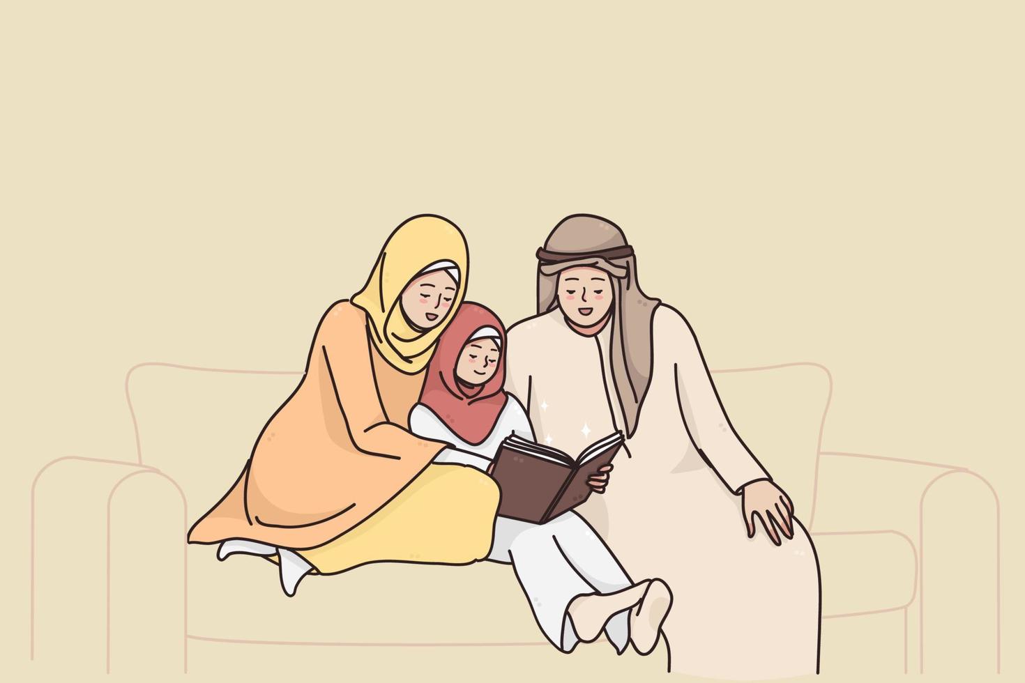 Traditional muslim family lifestyle concept. Muslim parents with child cartoon characters sitting on sofa reading Quran and praying together before iftar dinner during ramadan vector illustration