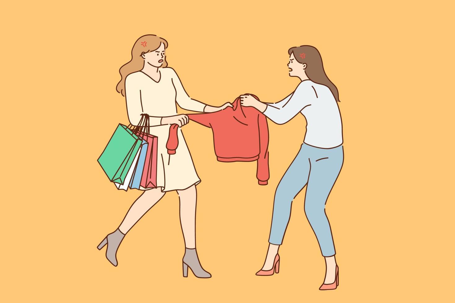 Shopping, competition, fighting concept. Two young angry women cartoon characters fighting for sweater during sales on shopping vector illustration
