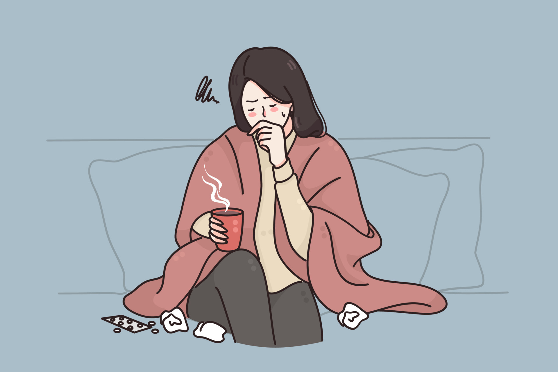 Cold ,flu, Severe Cough concept. Young sick unhappy woman cartoon character sitting on sofa ay home with cup of hot drink coughing and feeling sick vector illustration 15548244 Vector Art at Vecteezy Cold ,flu, Severe Cough concept. Young sick unhappy woman cartoon character sitting on sofa ay home with cup of hot drink coughing and feeling sick vector illustration 15548244 Vector Art at Vecteezy