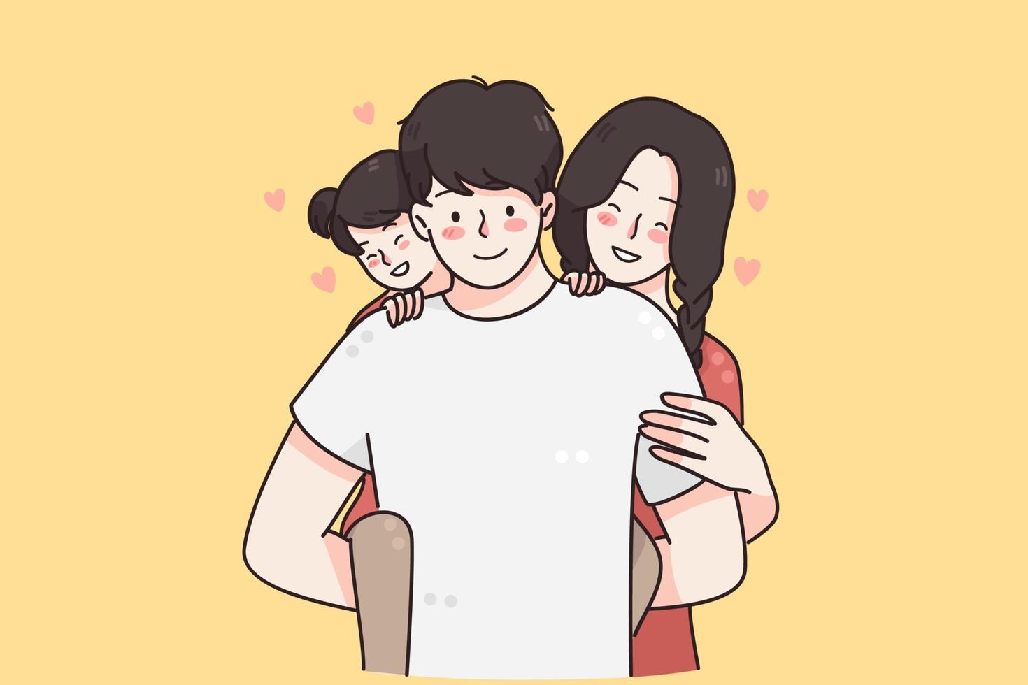 Happy family with children concept. Young smiling parents mother and father family standing with small daughter behind feeling love and happiness vector illustration