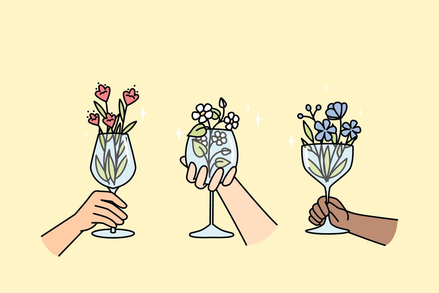 Hands of multiracial people hold wineglasses with flowers inside. Creative blossom plant arrangement in glassware for interior, party. Floral drink, lemonade, cocktail in wine glasses vector concept.
