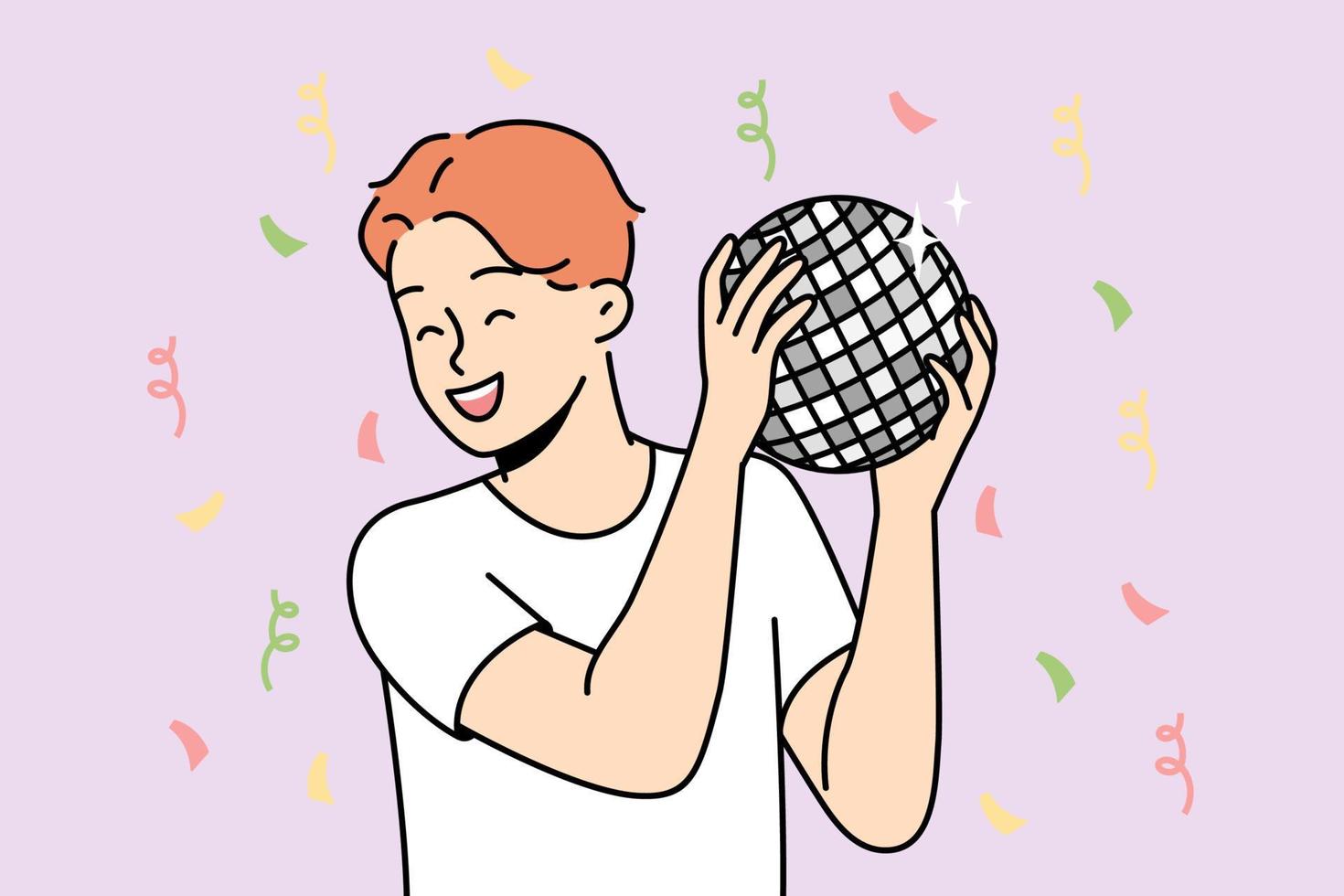 Boy holds disco mirror ball in hands, smiles, dances at party. Red-haired guy having fun on holiday surrounded by falling confetti. Young man entertaining in nightclub. Vector linear illustration.