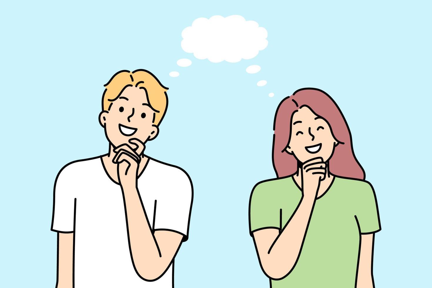 Girl, boy smile, think about something nice together. Empty speech bubble. Young couple dreaming. Positive imagination, fantasy, fancy ideas, cloud-castle, goal. Vector outline colored illustration.