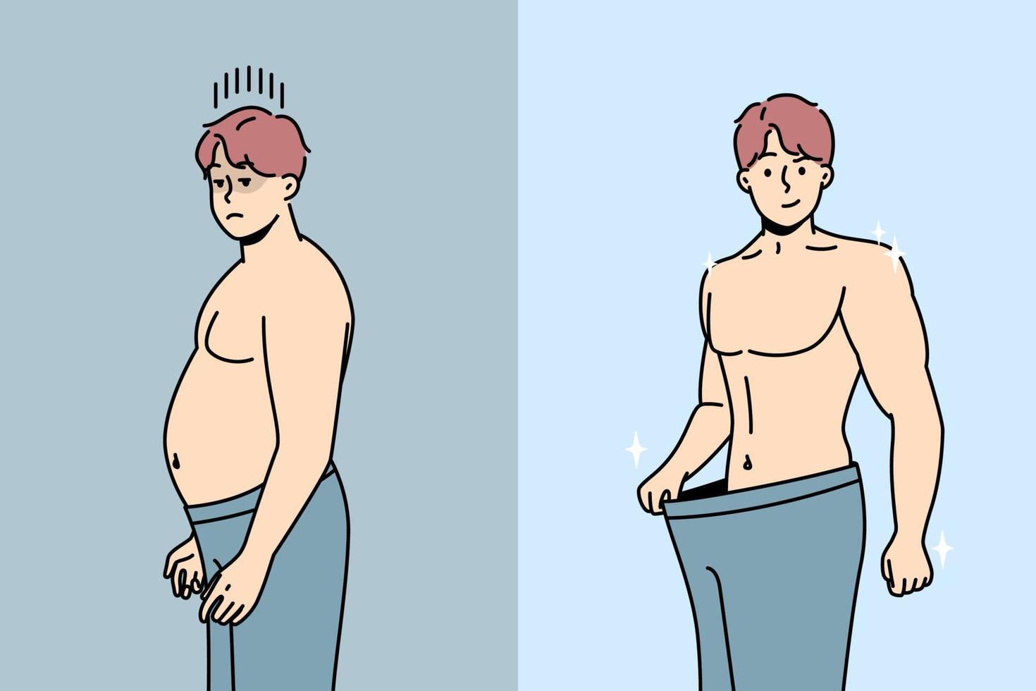 Man lost weight. Demonstration of result of how guy slim down after dieting, exercising in gym. Boy shows his athletic figure, trousers that are too big for him. Sport motivation. Vector illustration.