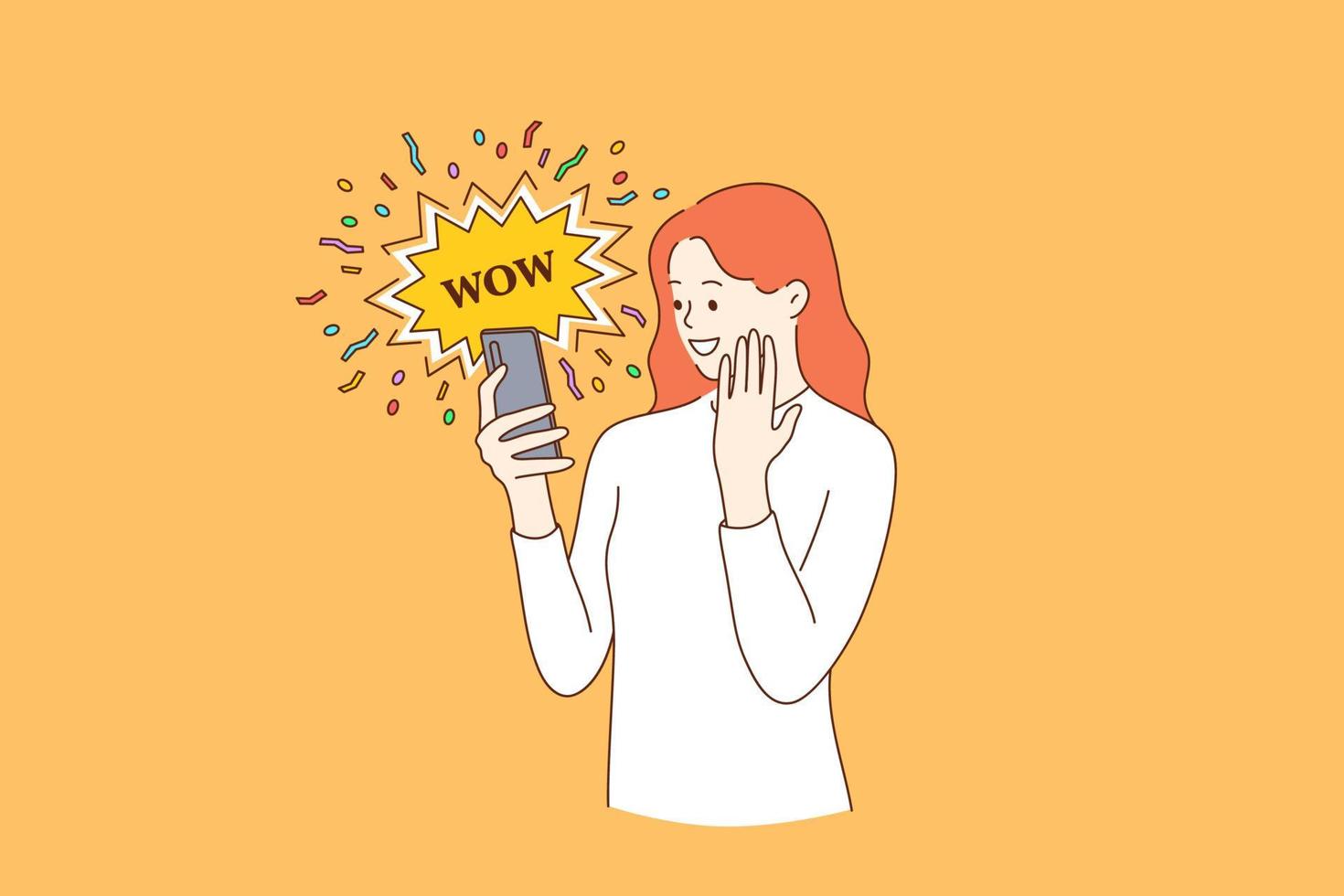 Surprise, shocking news, internet concept. Young smiling female blogger reading shocking news in message on mobile phone using network connection on smartphone with emotional wow word vector