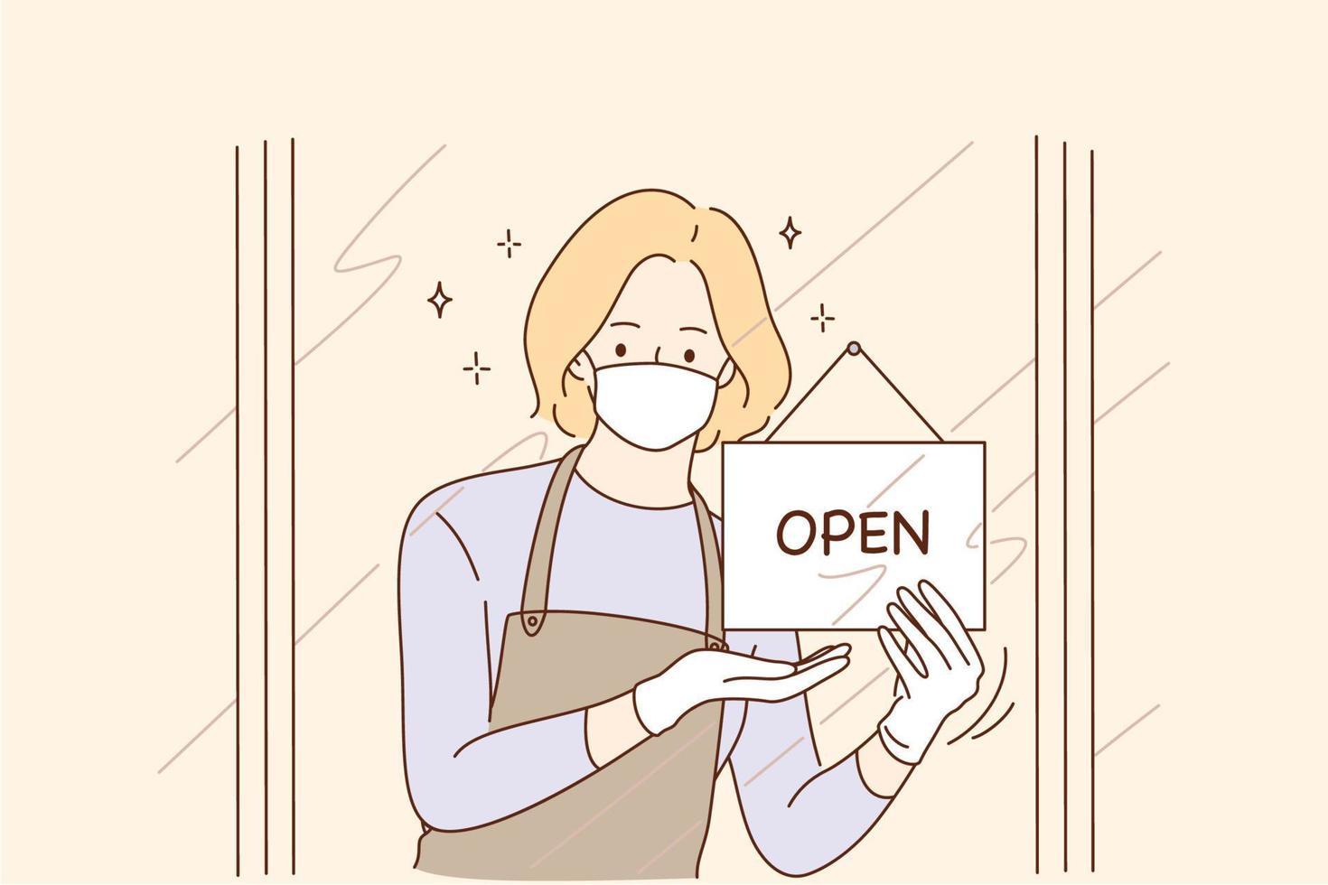 Opening doors after coronavirus pandemic, reopening concept. Young woman in protective medical mask opening door of cafe or shop with men sign and waiting for guests again vector illustration