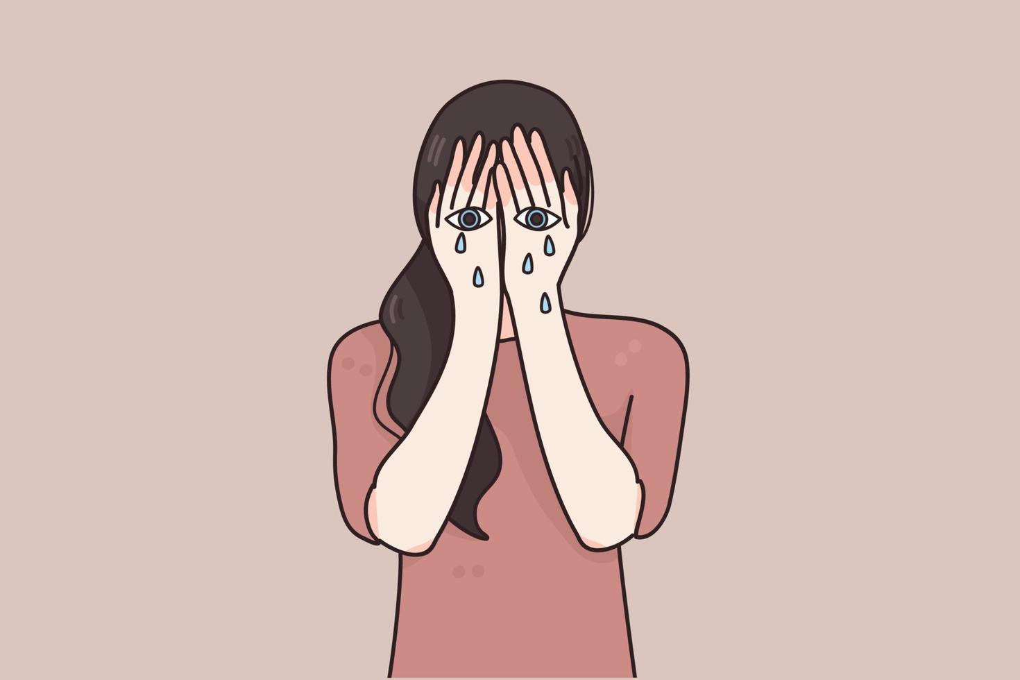 tristeza, dolor, concepto de desesperación. personaje de dibujos animados de mujer joven llorando con los ojos pintados en sus manos y llorando con lágrimas sintiéndose estresada deprimida ilustración vectorial infeliz vector