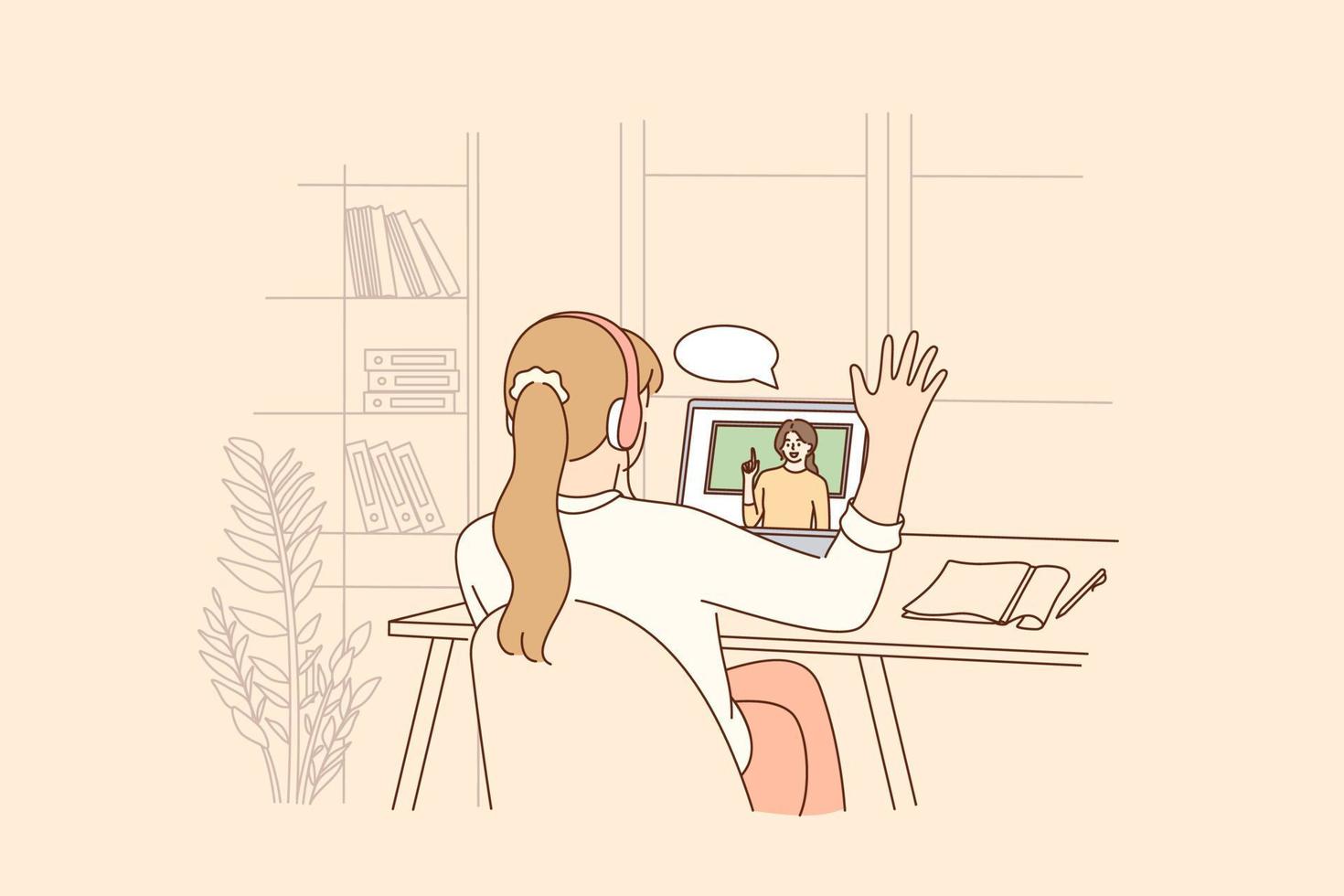Online education, distant learning during pandemic concept. Homeschool girl student sitting backwards greeting teacher during virtual internet online class during coronavirus epidemic and lockdown vector