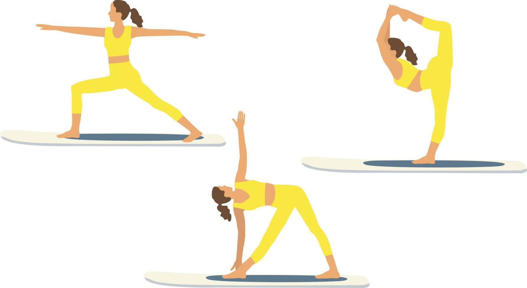 SUP Yoga. Women doing different asanas and exercises on a stand up paddle board. Woman practicing sup board yoga on water. Stand Up Paddle Yoga Workout. rowing sup yoga on a paddle Board vector