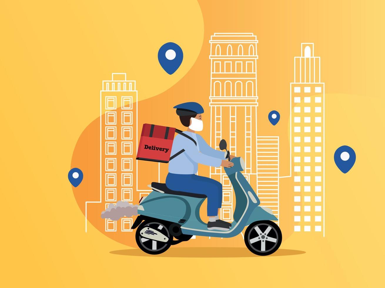 Kovid-19. Quarantine in the city. The concept of online delivery, tracking online orders, home and office delivery. Warehouse, bicycle courier, courier for delivery in a respiratory mask. vector illus