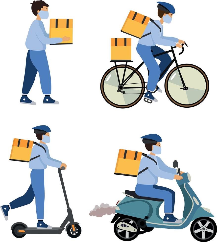 Set of couriers. Courier on electric scooter, bicycle, moped, online delivery, online order tracking, home and office delivery. Fast delivery vector