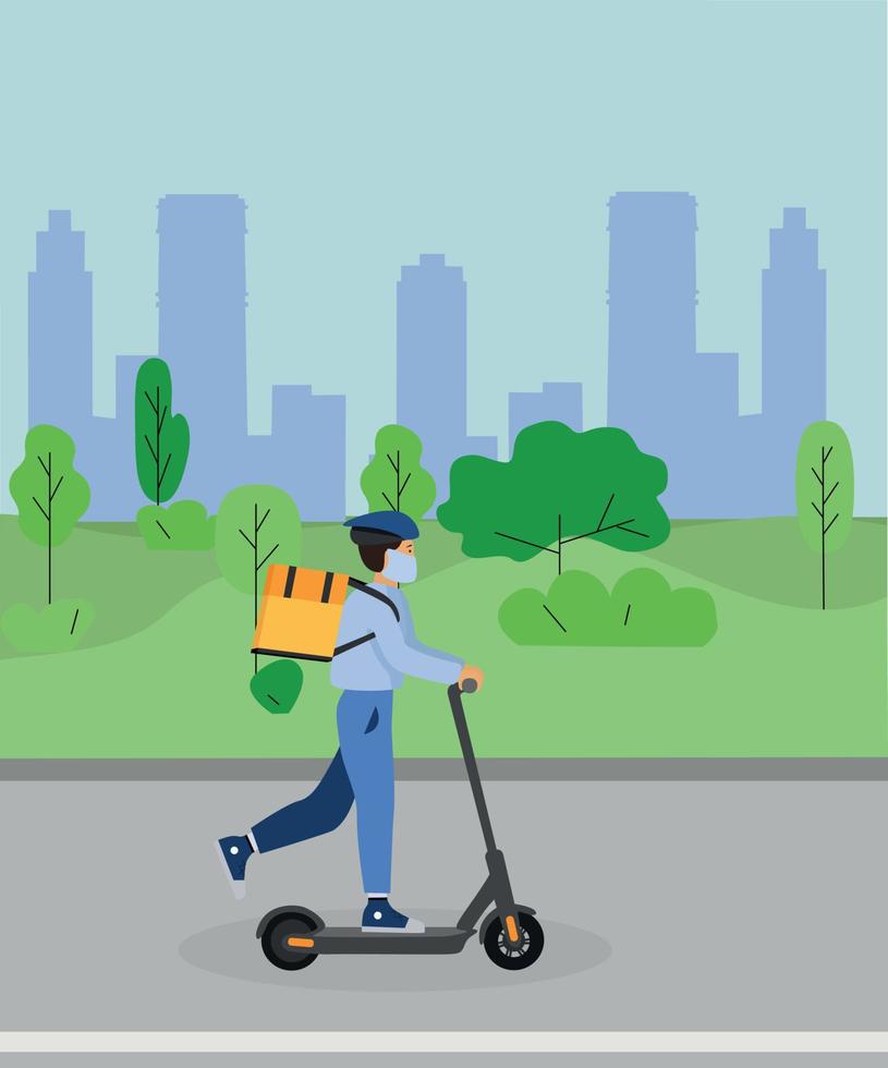 mensajero de tipo en scooter eléctrico, entrega en línea, seguimiento de pedidos en línea, entrega a domicilio y en la oficina. estilo de vida moderno, tecnología. transporte ecológico para el estilo de vida urbano. se puede alquilar para un viaje rápido. vector