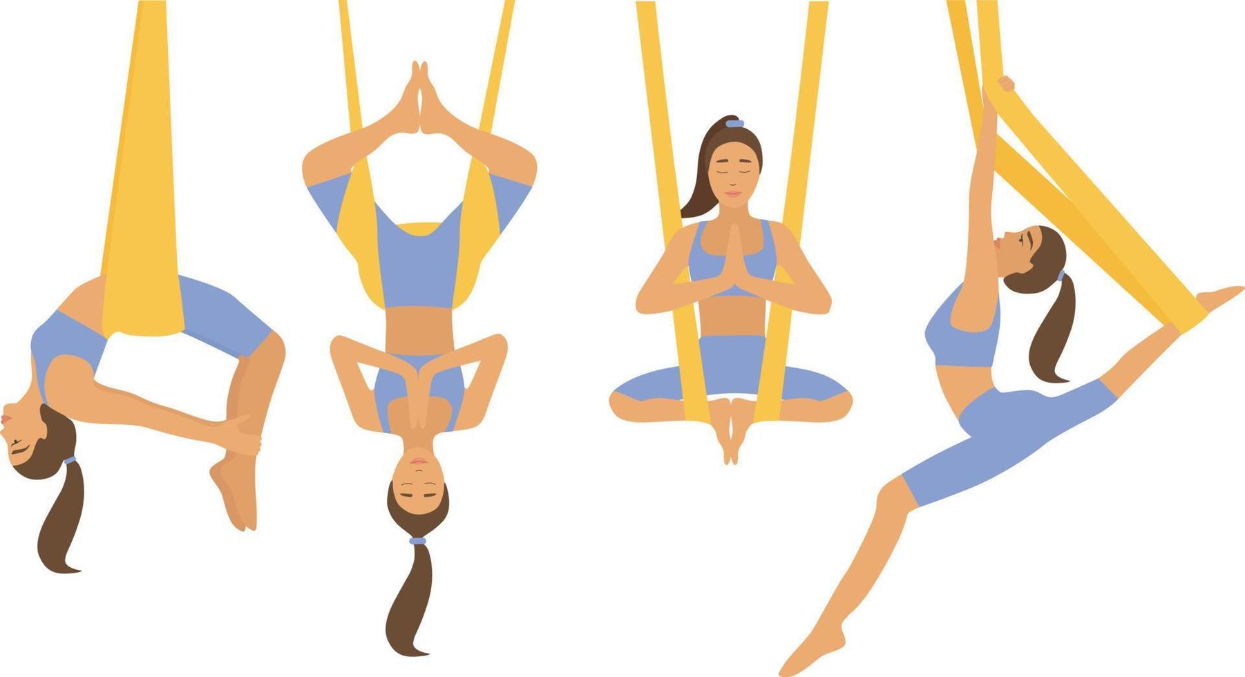 girl does yoga in hammocks. Stretching exercises. inverted yoga pose in