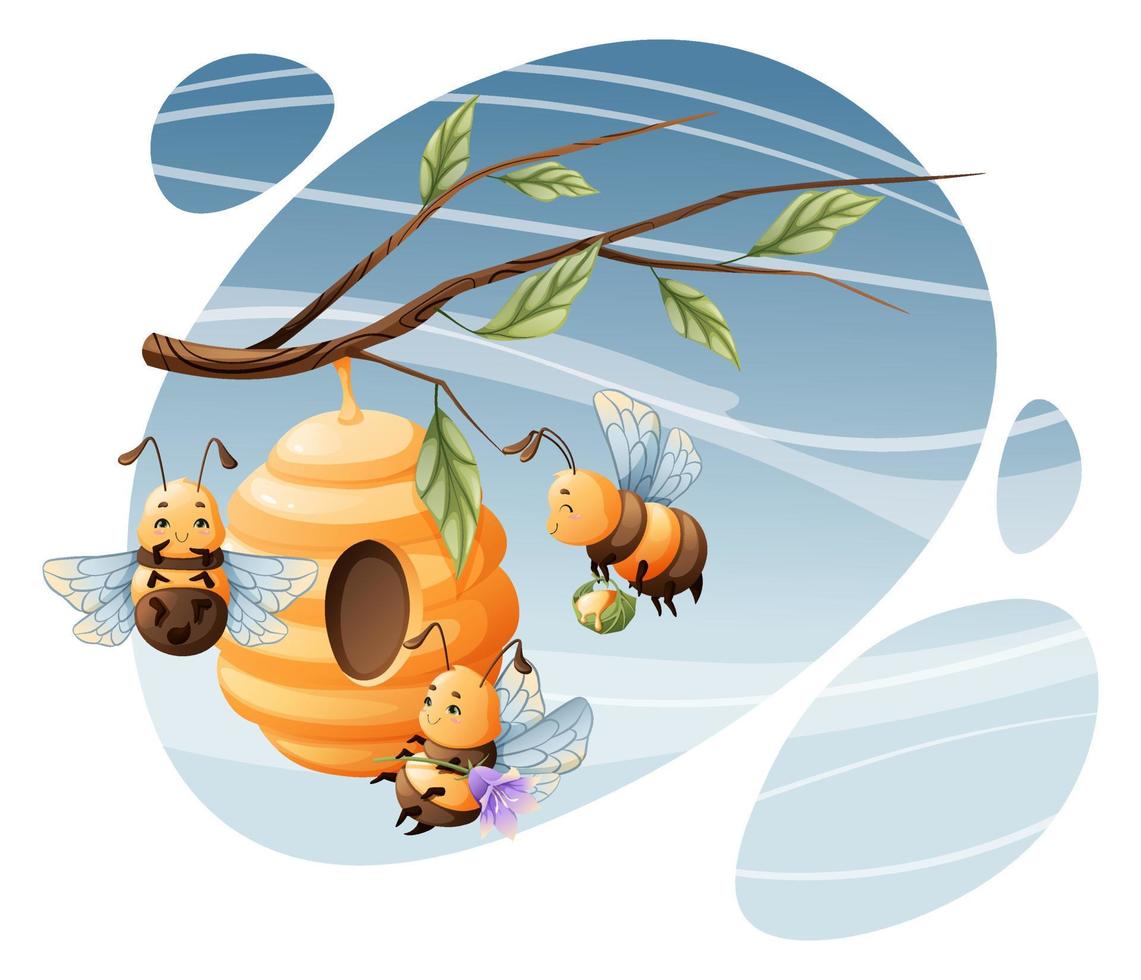 Cute cartoon bees carry honey to the beehive on a tree branch. Children's illustration for clothes, books, posters, etc vector