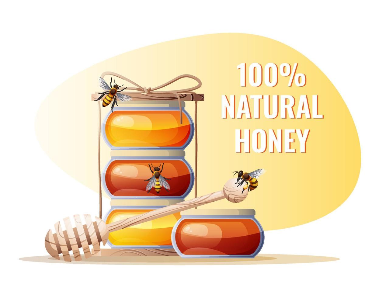Jars of honey with a wooden spoon on a yellow background. Advertising poster, banner, sticker, background. vector