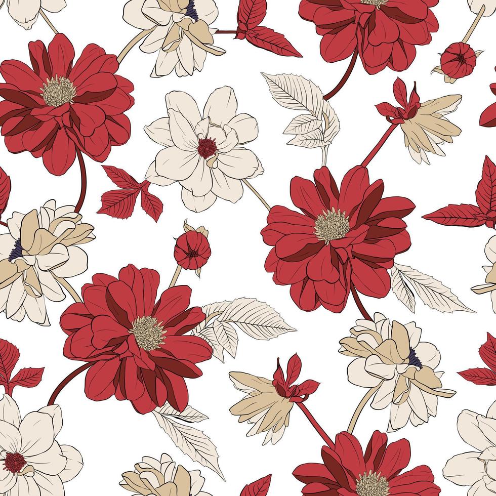 Vector illustration - burgundy, red, beige flowers, leaves and buds on light background. Seamless pattern for textile, decor, fabric, greeting cards, paper, etc.