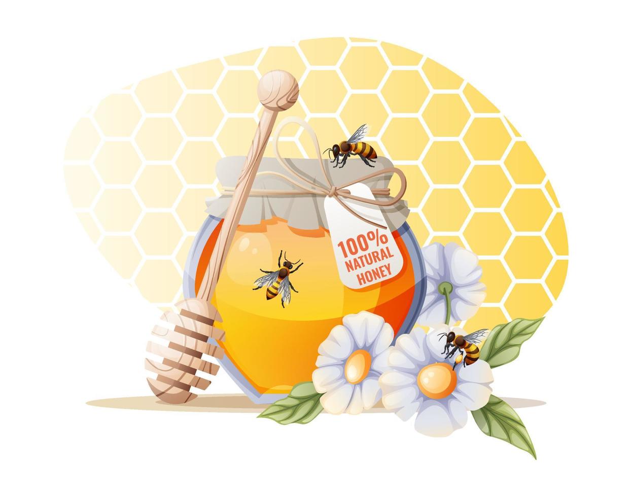 A jar of honey with a wooden spoon, flowers and bees on a yellow background. Poster, banner for honey product vector