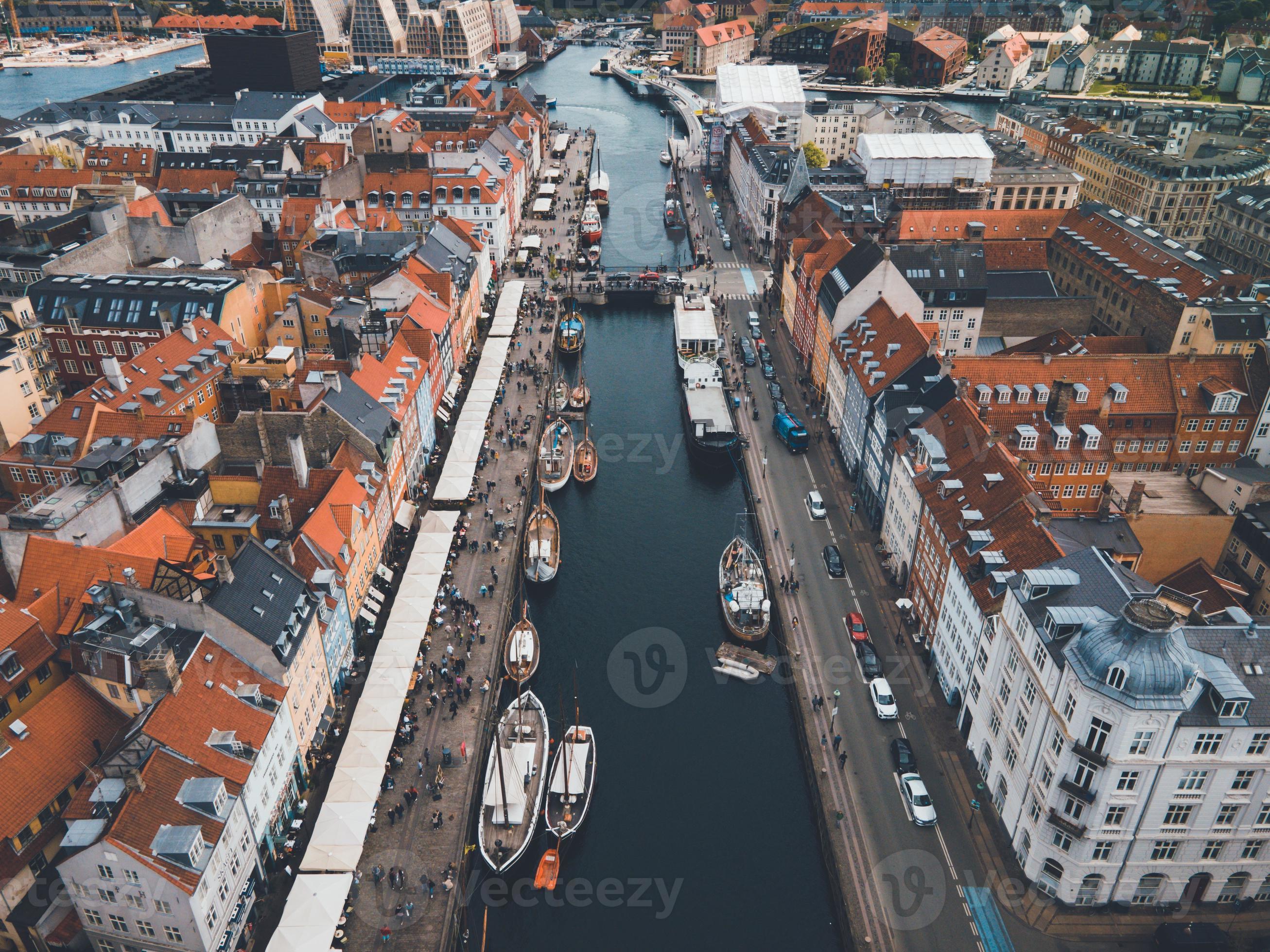 Nyhavn Harbor in Copenhagen, Denmark by Drone Stock Photo at Vecteezy