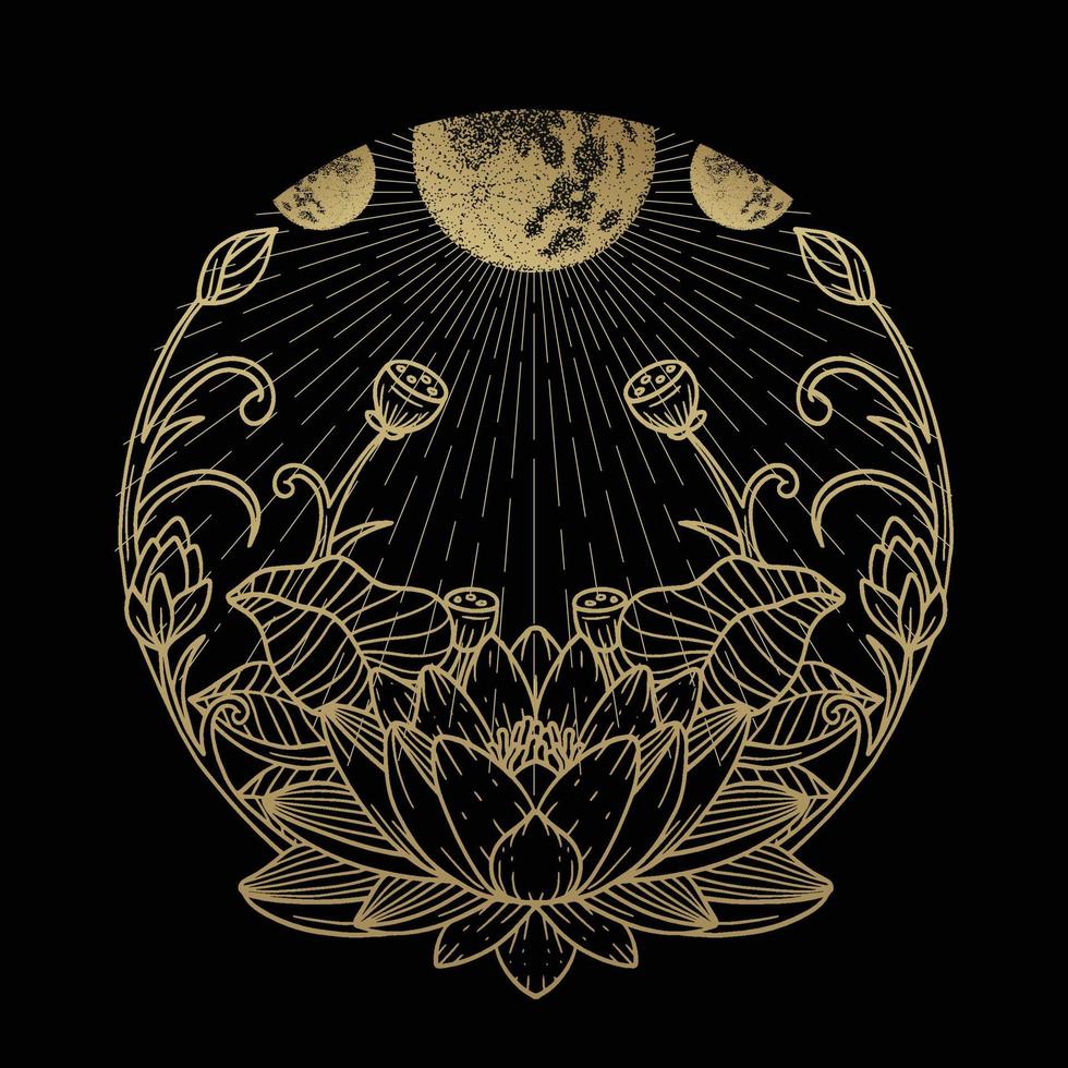 Blooming lotus with moon and planets at night vector