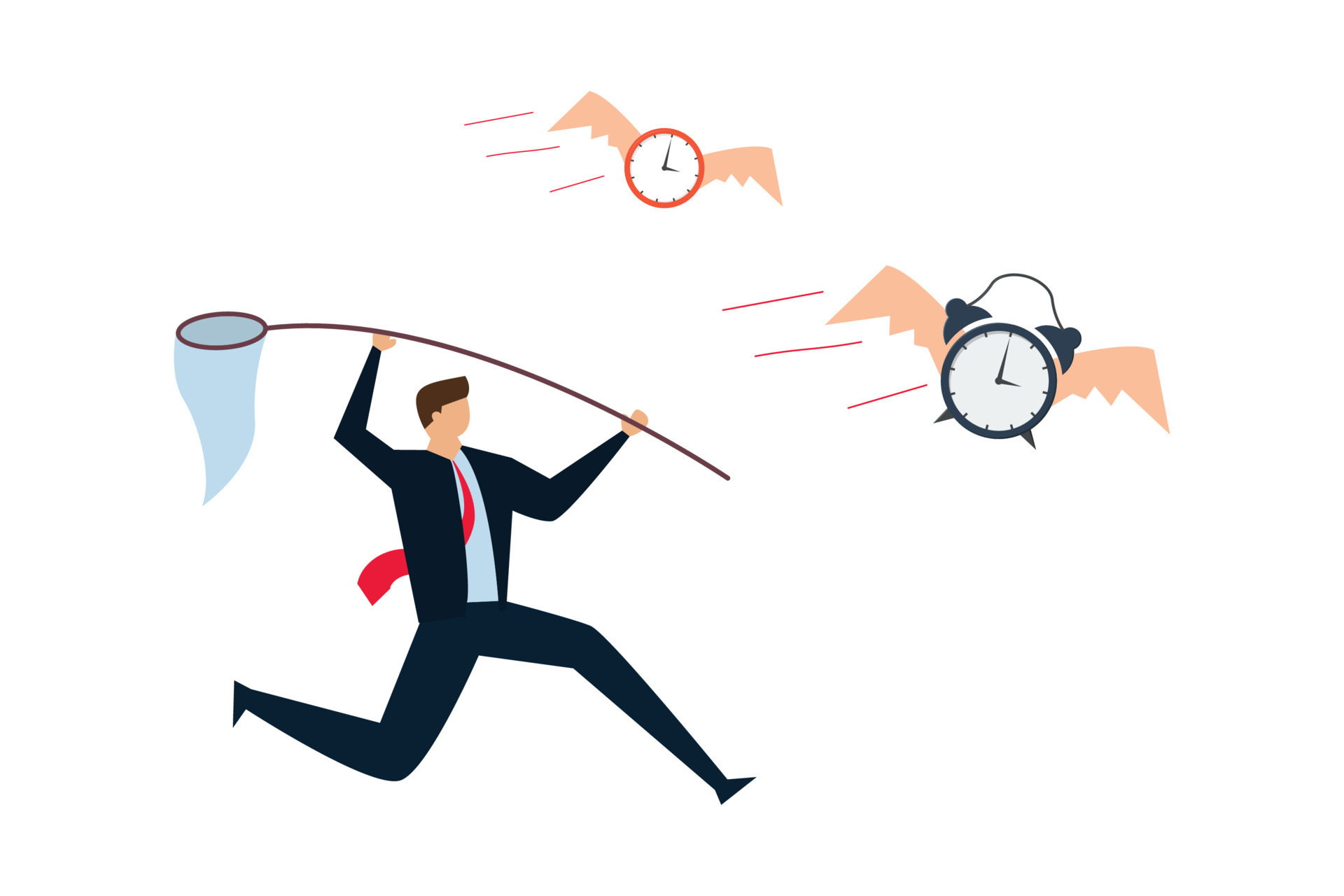 Lack of time, frustrated businessman hurry chasing to catch flying away