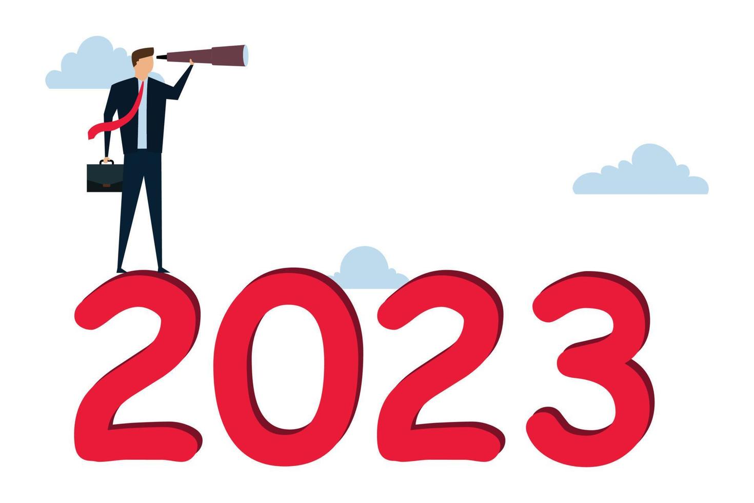 Perspectiva empresarial del año 2023, visión para ver el camino a seguir, pronóstico, predicción y concepto de éxito empresarial, líder de negocios que usa telescopio para ver la visión en la parte superior de la escalera por encima del número del año 2023 vector