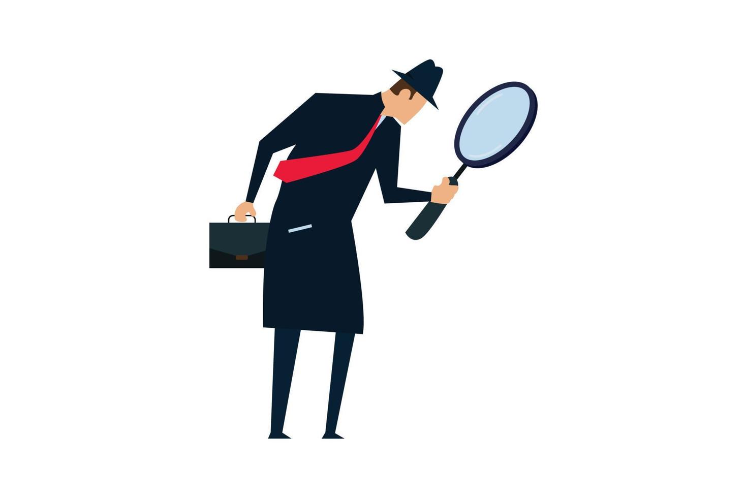 Search, discover, analyze report , curiosity guy detective holding huge magnifying glass and thinking about evidence and result. vector