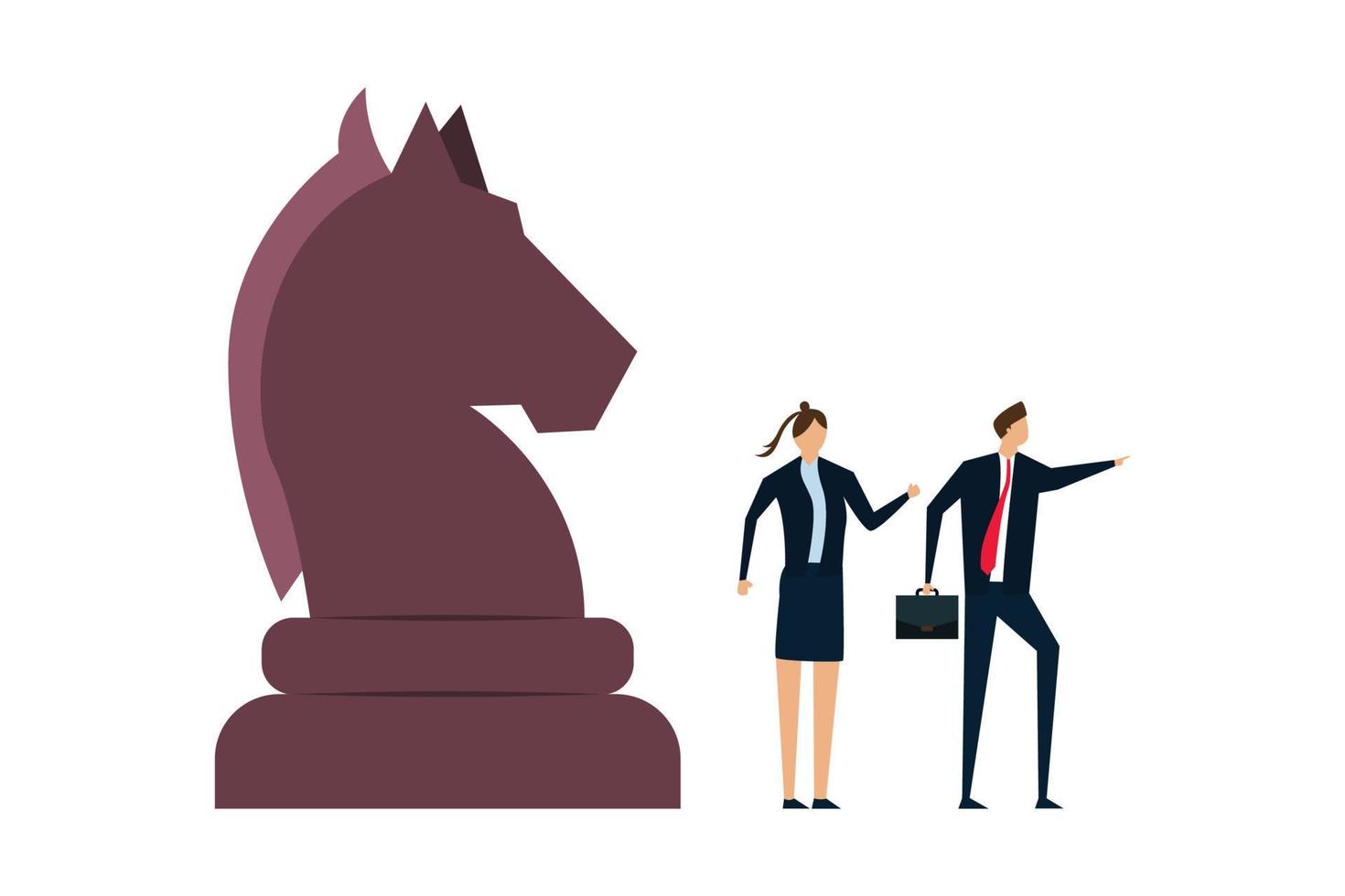 Business strategy, leadership and skill to solve business problem, smart businessman leader pointing the direction with his colleague thinking and knight chess vector