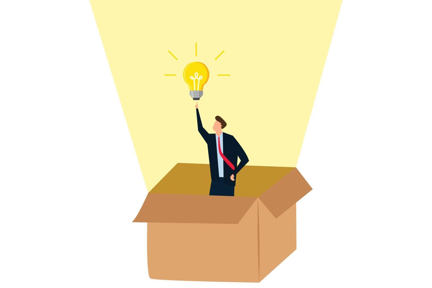 piense fuera de la caja, un hombre de negocios inteligente salga de la caja de papel con una nueva idea de bombilla de iluminación. vector